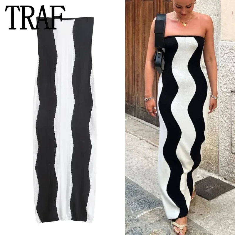 TRAF Striped Knitted Dresses For Women Off Shoulder Bodycon Long Dress Women Sleeveless Backless Sexy Dress Midi Party Dresses