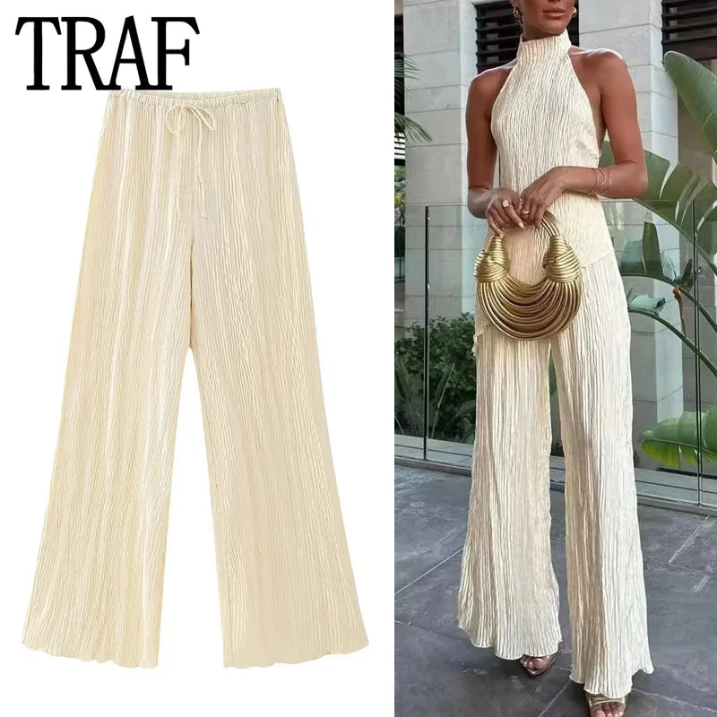 TRAF 2023 Satin Wide Leg Pants Women Pleated High Waist Pants For Women Autumn Baggy Pants Woman Fashion Streetwear Trouser Sets