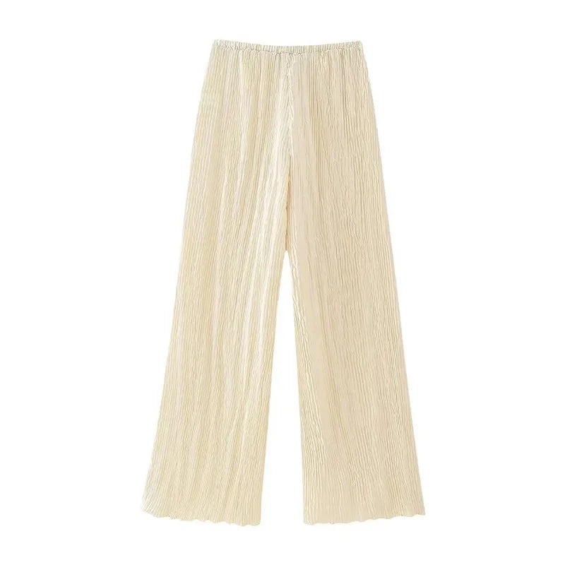 TRAF 2023 Satin Wide Leg Pants Women Pleated High Waist Pants For Women Autumn Baggy Pants Woman Fashion Streetwear Trouser Sets